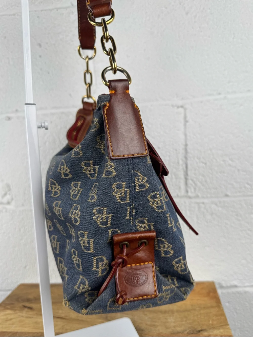 Dooney & Bourke Denim Monogram Hobo Shoulder Bag Leather Duck Charm Y2K